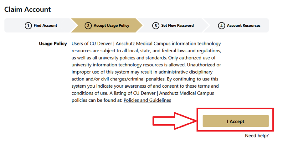 Claim account step 2 accept the usage policy.
