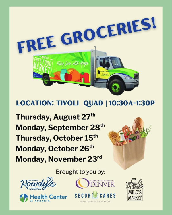 A flyer advertising a free mobile grocery market at the Tivoli Quad on select dates from August to November, featuring an illustration of a green delivery truck and partner logos including SECOR Cares and Milo's Market.